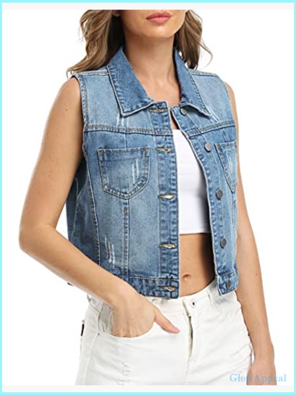 Cropped Distressed Denim Vest Spread Collar Sleeveless Jean Jacket - Picture 4 of 7